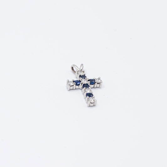 18k White Gold Diamond & Sapphire Cross Pendant