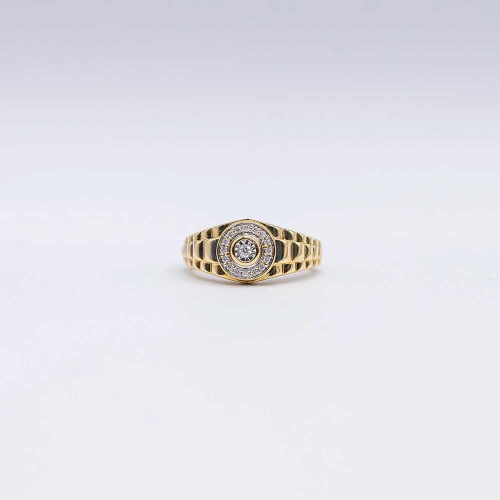9k Yellow Gold Round Diamond Rub Over, Pave Ring | Size O