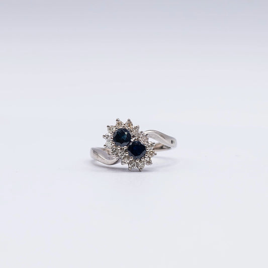 18k White Gold Round Diamond & Sapphire 2 Stone, Bead Set Ring | Size L