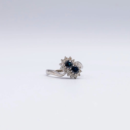 18k White Gold Round Diamond & Sapphire 2 Stone, Bead Set Ring | Size L