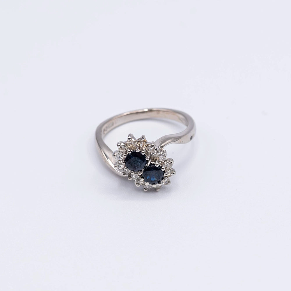 18k White Gold Round Diamond & Sapphire 2 Stone, Bead Set Ring | Size L
