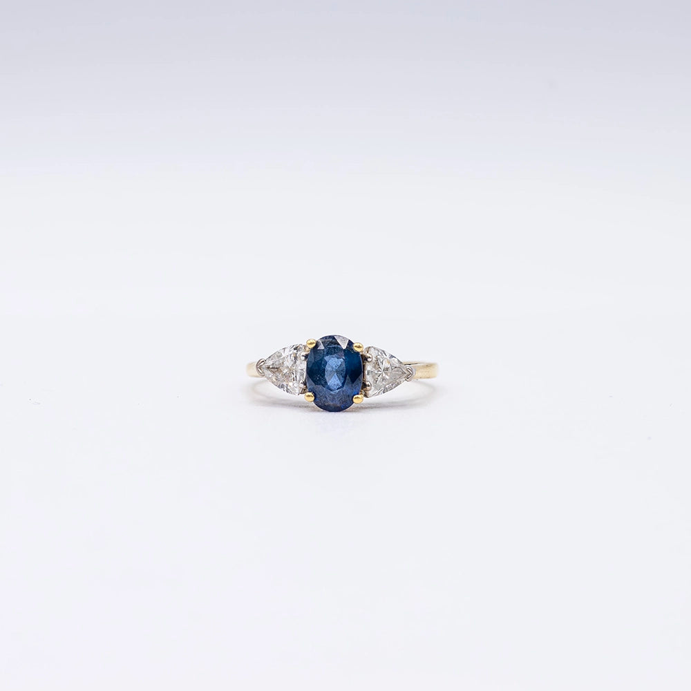 18k Yellow Gold Oval & Trillion Diamond & Sapphire Trilogy Ring | Size O