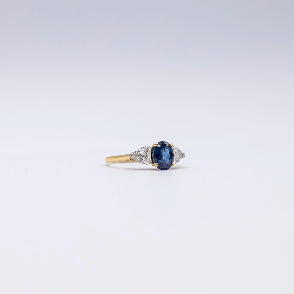 18k Yellow Gold Oval & Trillion Diamond & Sapphire Trilogy Ring | Size O