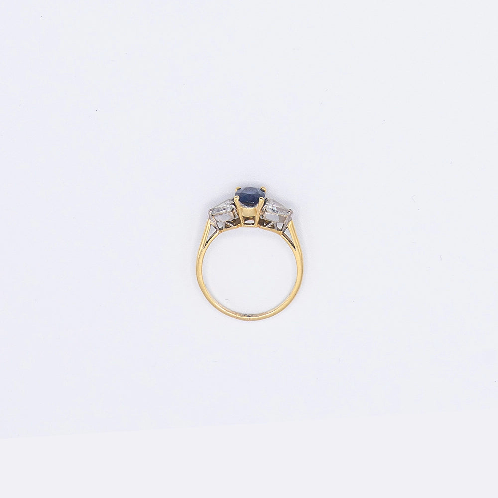 18k Yellow Gold Oval & Trillion Diamond & Sapphire Trilogy Ring | Size O