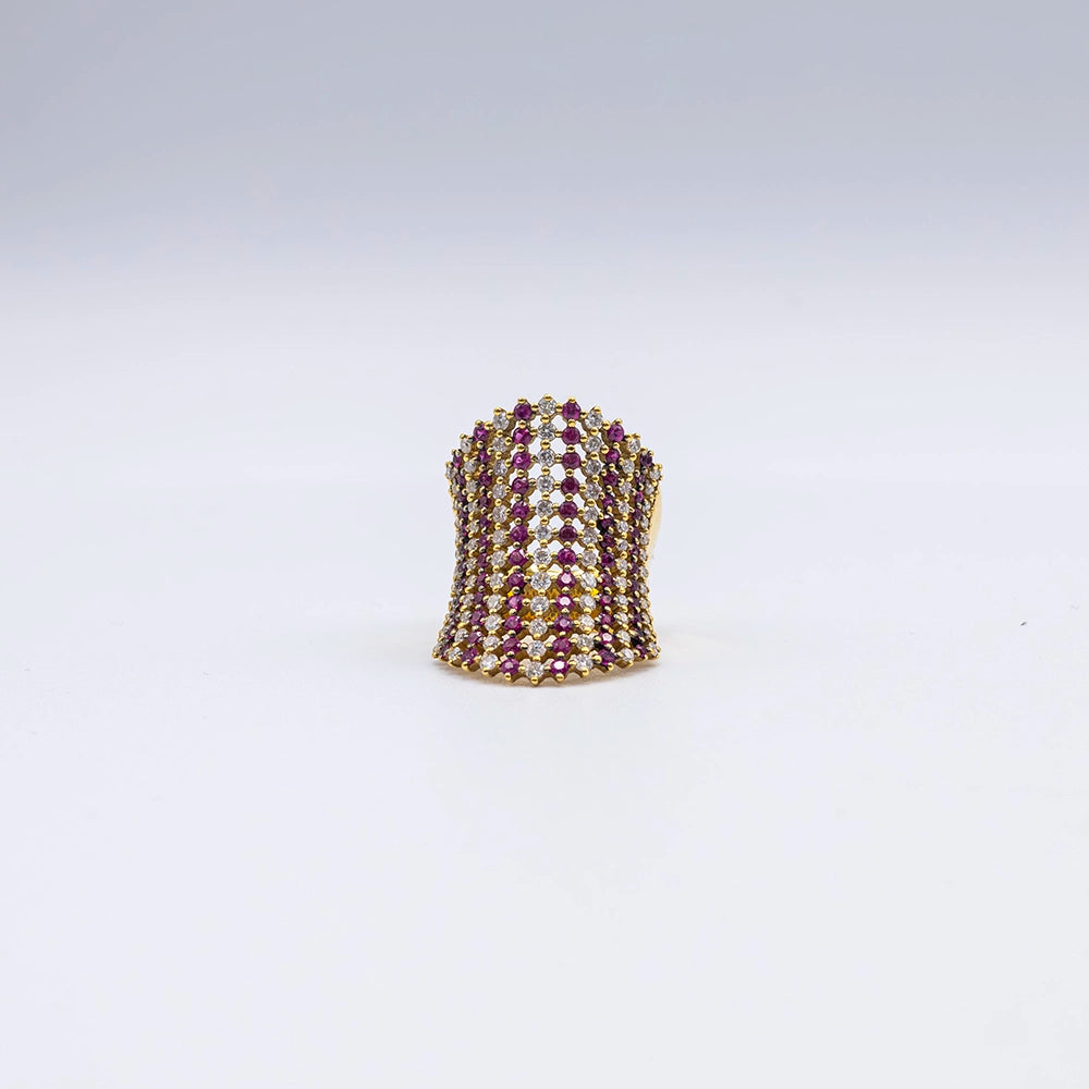 18k Yellow Gold Round Diamond & Ruby Honeycomb Pave Ring | Size P