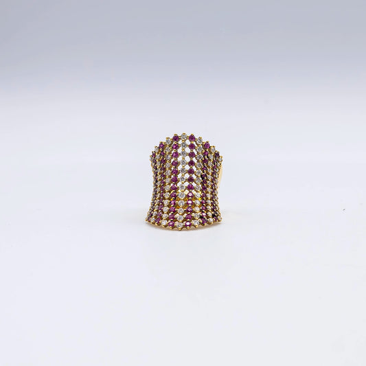 18k Yellow Gold Round Diamond & Ruby Honeycomb Pave Ring | Size P