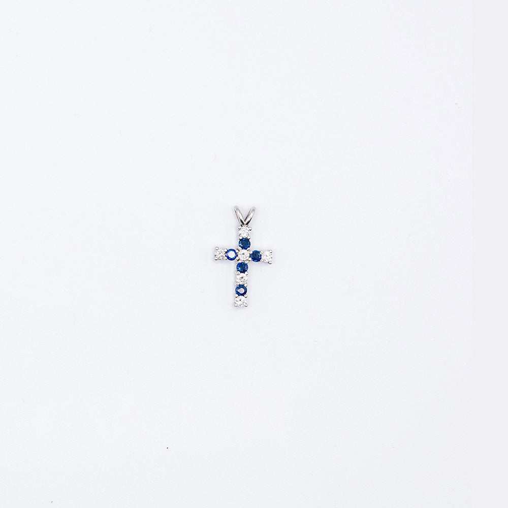 18k White Gold Diamond & Sapphire Cross Pendant