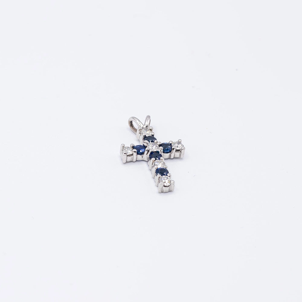 18k White Gold Diamond & Sapphire Cross Pendant