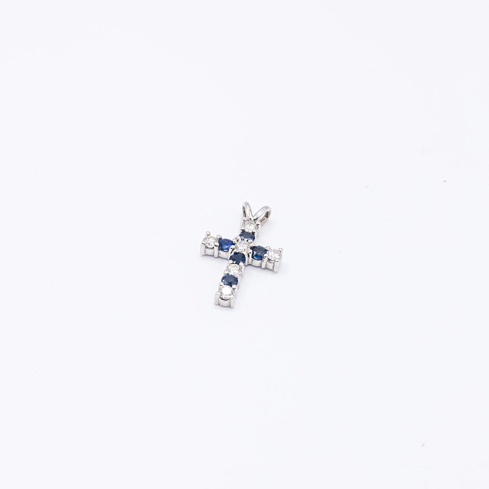 18k White Gold Diamond & Sapphire Cross Pendant